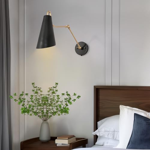 KSANA Modern Swing Arm Wall Lamp, Plug in or Hardwired Wall Sconces Lighting, Black and Gold Adjustable Light Fixture with On/Off Switch for Bedroom, Kitchen and Living Room by KSANA - Used condition - Image 3