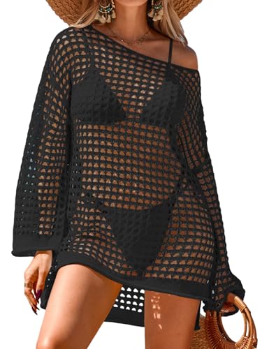 BreathSunny Womens Oversized Crochet Knit Long Bell Sleeve Swimsuit Coverup