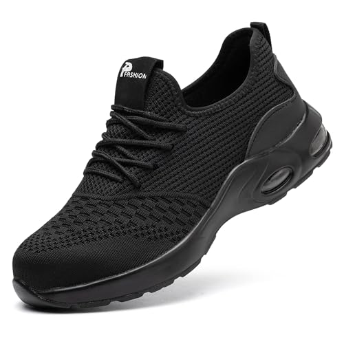 LIWEGHT Safety Shoes for Men Women Non-Slip Steel Toe Cap Trainers Mesh Breathable Lightweight Comfortable Puncture Proof Industrial Factory work Protective Black Sneakers