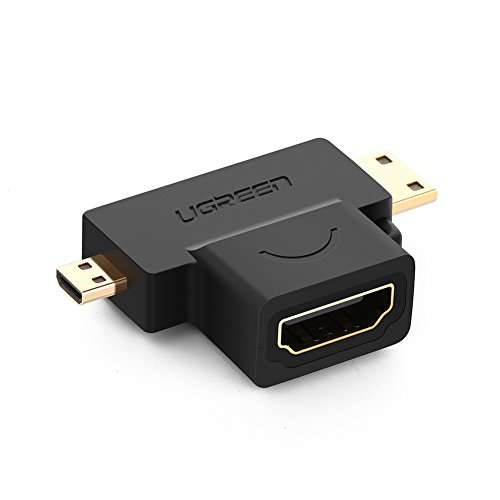 Ugreen Adaptador 2 en 1 Micro/ Mini HDMI a HDMI hembra de alta velocidad con Ethernet, compatible con 3D y 4K, para cámaras o videocámaras digitales, reproductores MP3, HDTV y demás dispositivos HDMI