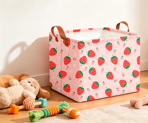 Image of CLOCOR Rectangular Storage Basket,Collapsible Storage Bin,Waterproof Books Box (Strawberry)
