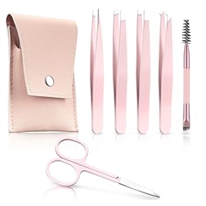 6 Pcs Eyebrow Tweezer Set, Tweezers Set for Women, Precision Tweezer for Eyebrows with Curved Scissors, Eyebrow Grooming Kit for Ingrown Hair, with Leather Case, Pink