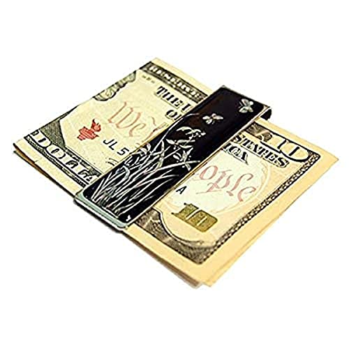 Antique Alive Mother of Pearl Slim Stainless Steel Metal Money Clip Holder Credit Business Card Wallet (Orchid Black)
