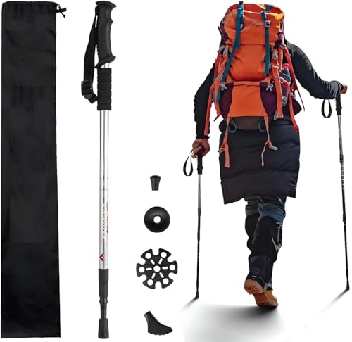 Image of Trekking Poles, Collapsible Lightweight Shock-Absorbent Hiking Walking Sticks Adjustable Aluminum Hiking Poles for Women Men Kids (1, Silver)
