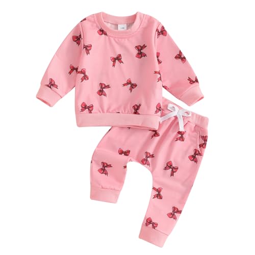FIOMVA Valentine'sDay Outfit Toddler Baby Girl Boy 0 3 6 9 12 18 24Months 2t 3t Clothes Heart Sweatshirt Top+Pants Set Gift (Bow Pink, 2-3T)
