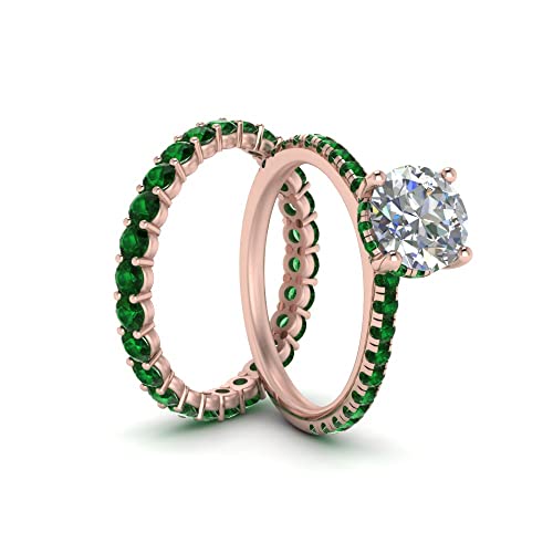 Image of Choose Your Gemstone Hidden Halo Diamond CZ Ring with Gemstone Band Rose Gold Plated Round Shape Wedding Ring Sets Minimal Modern Design Birthday Gift Wedding Gift US Size 4 to 12