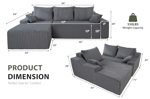 Image of HABUTWAY 94'' Cloud Sectional Couch, Boneless Sofa with Deep Seat, Modular Comfy L-Shape Couch with Chaise for Living Room Bedroom, No Assembly Required(Grey,Left Facing Chaise)