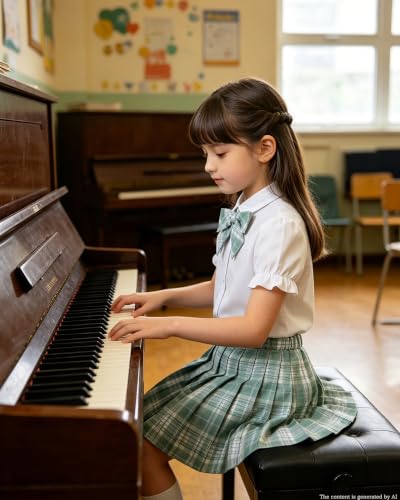 Image of Betusline Girls Skirt Set JK School Uniform 2-Piece Outfit - Short Sleeve Shirt with Bow & Pleated Skirt 4T-14Y