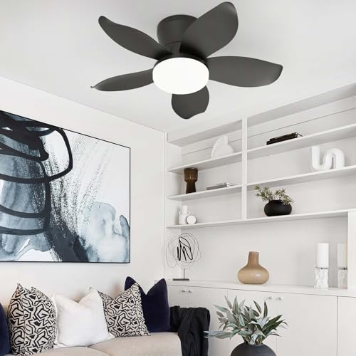 YFHKWJ 65CM Moderno Pequeño Ventilador De Techo Con Luz Y Mando A Distancia APP, 6 Velocidades & Temporizador, Motor DC 5 Aspas Lámpara Ventilador Techo Para Dormitorio/Salón/Comedor-Black