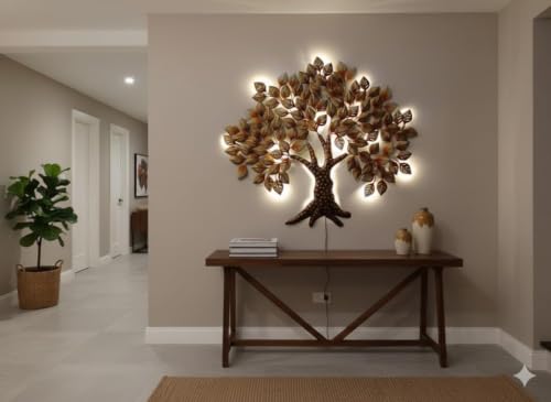 Image of Bharat Art Metal Iron Wall Art Decor for Home Bedroom Living room Cafe Interior Decorative | Elegant Wall Hanging Sculpture with LED Light | Gift Item | MAHOGANY Tree | 48x02x43 INCH | WD140-(A)