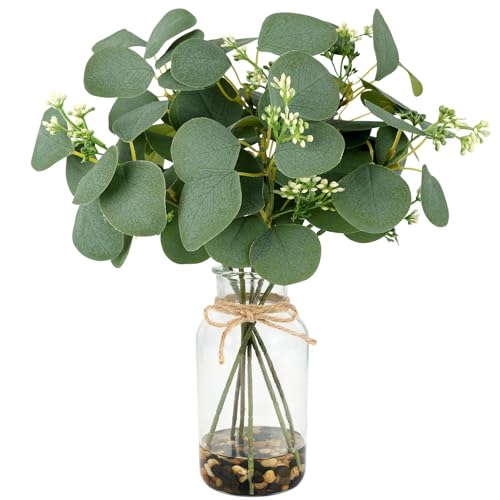 MACTING Artificial Eucalyptus Stems in Glass Vase with Faux Water Stones 14" Artificial Plants Indoor Eucalyptus Leaves for Table Centerpieces Bathroom Kitchen Living Room Shelf Home Decorations
