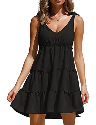 Image of AIMCOO Women's Sleeveless Tie Shoulder Tiered Frill Swing Dress V Neck High Waist Loose Dresses Solid Mini Babydoll Dress