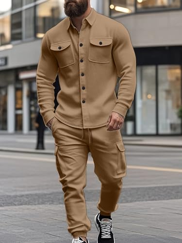 Men's Fleece Cargo Jacket Tracksuit Set 2 Pieces Solid Color Long Sleeve Button up Jacket and Cargo Pants Set - Image 5
