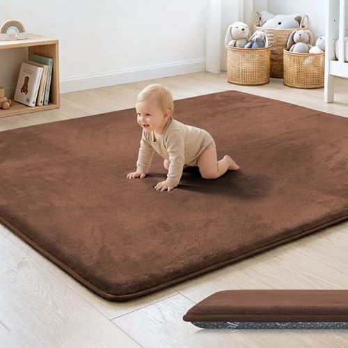 Image of PAPAMAT 1.3" Thick Baby Floor Play Mat 50x50, Basic Padded Foam Mat for Tummy Time Crawling, Non Slip Cushioned for Babies Toddlers Infants Kids (Brown)