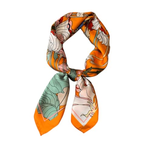 [ＫＯＵＭＡＫＩ] スカーフ レディース 猫柄 猫プリント バンダナ ショール ネッカチーフ 70×70cm シルク風 お洒落 母の日 正方形 巻き方 バッグ飾り 髪飾り 春夏 海辺 旅行 通勤 (オレンジフラワー)