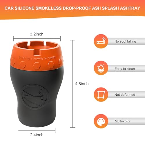 Image of Car Silicone Ashtray, Smokeless Drop-Proof Auto Ash Tray for Cup Holder, Windproof Portable Vehicle Cigarette Ash Tray for Home Outside Office, Interior Car Accessories (Orange)