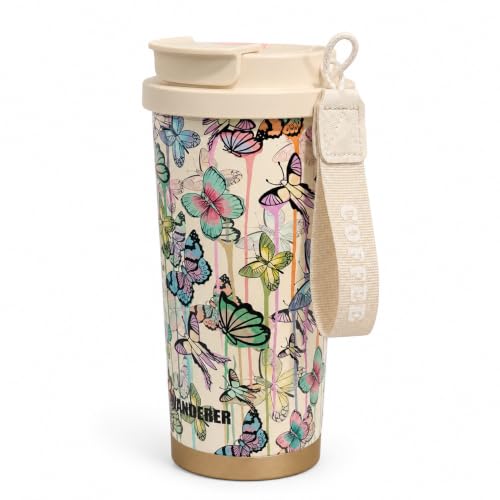 Image of Vasukie Stainless Steel Coffee Tumbler with Carrying Strap, Aesthetic Cream Butterfly & Floral Travel Mug, Leakproof Water Bottle for Women & Girls (500ML)