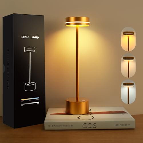 Nixtrve LED Tischlampe Kabellos mit Touch, LED Akku Tischleuchte USB Aufladbar Nachttischlampe Dimmbar, Metall Tischlampe Wohnzimmer f&uuml;r Indoor und Outdoor (Gold)