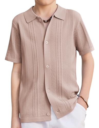 Arshiner Boys Button Down Shirt Short Sleeve Knit Fashion Casual Beach Shirts for Kids 8-9Y, Khaki