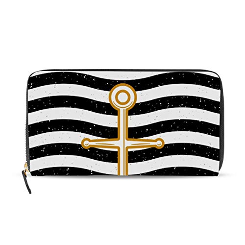 Portefeuille long en cuir pour femme avec fermeture éclair à motif ancre