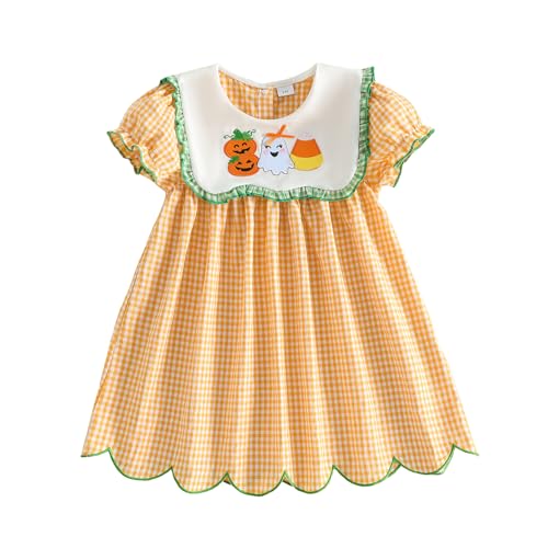 Toddler Girl Halloween Outfit Pumpkin Ghost Candy Corn Plaid Clothes Smocked Short Sleeve Puff Dress (Yellow 4-5 Years)