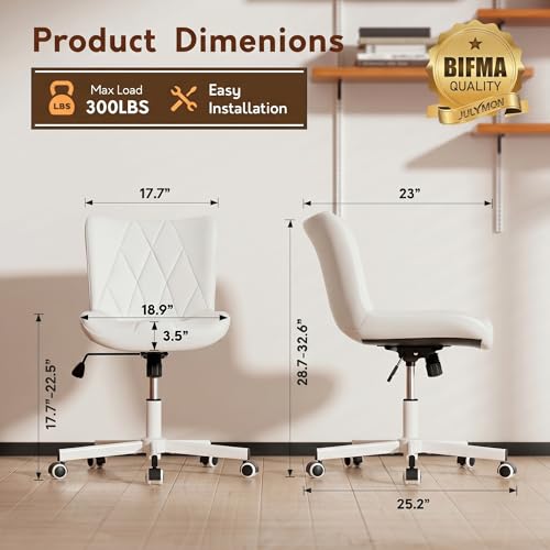Image of Armless Desk Chair, Morden Home Office Chair no Arms, Adjustable Height & Rocking Computer Chair, PU Leather Vanity Chair, Ergonomic Seat Soft Padded Desk Chairs for Home Small Space, White