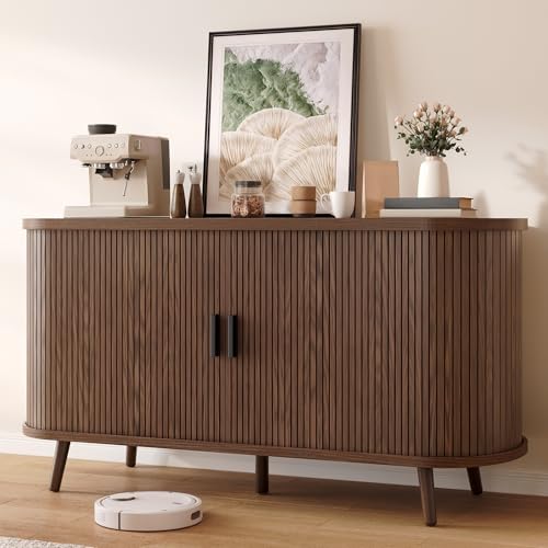 DWVO Fluted Sideboard Buffet Cabinet with Storage,54.3" Wide Curvy Edge Accent Storage with Sliding Door & Adjustable Shelf, Mid Century Modern Console for Living Room, Kitchen, Hallway-Walnut