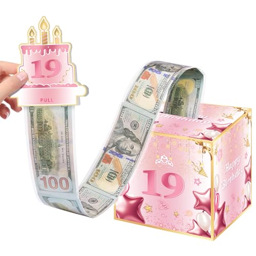 Joycard 19th Birthday Money Box for Her or Daughter, 19 Years Old Birthday Decorations, Fun Pull-Out Cash Gift Box for Parties, Ideal for 19th Birthday Surprises （with 35PCS Bags）