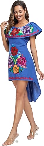 Image of YZXDORWJ Women's Mexican Asymmetrical Dress Embroidered Floral Off-Shoulder Cocktail Latina Fiesta Dress