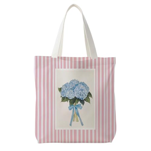 Likjad Blue Hydrangea Floral Tote Bag, Rustic Hydrangea Flower Canvas Tote Bags for Women, Pink Striped Reusable Grocery Shopping Bags