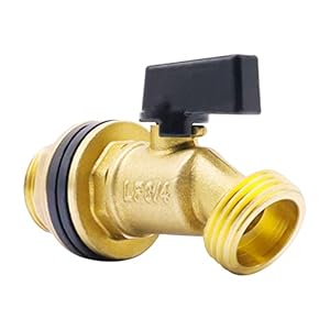 rain barrel spigot, brass 55 gallon water tank faucet, bulkhead valve for outdoor plastic bucket rainwater drum gal container downspout collector in garden, 1 inch O.D. inlet GHT3/4 outlet