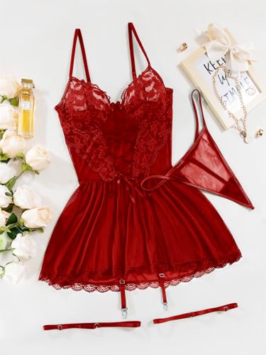 Image of Lilosy Sexy Garter Belt Mesh Lace Babydoll Lingerie Dress Set with Thong