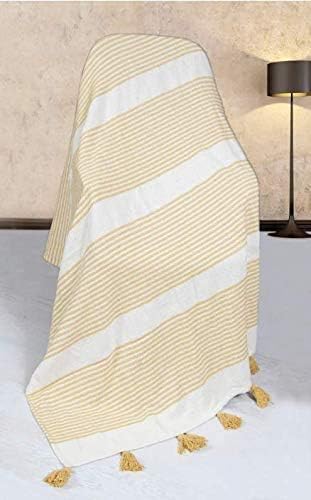 Amazon Brand - UMI Plaid Stripe Ochre Handwoven 100% Pure Cotton Throw 50 x 58 Inches, Blanket with Handknotted Tassels, Durable and Quality product, Easy-Care, Yellow & Ivory