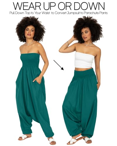 likemary Harem Pants Women Jumpsuits – Maxi Romper Pulls Down into Cotton Boho Pants with Pockets – One Size 2-in-1 Overalls - Emerald Green - Thumbnail 3