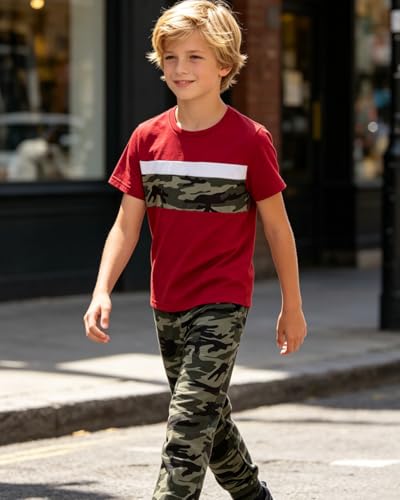 Image of OLMRJKD Boys 2 Piece Outfits Color Block Clothes Short Sleeve T Shirt and Camouflage Pants Summer Clothing Sets