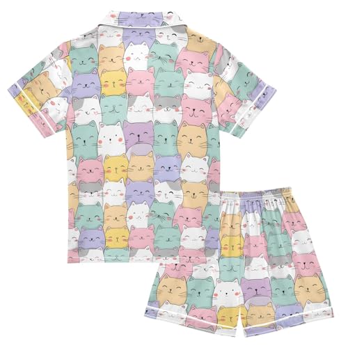 Cats Pattern Pajamas Sets Short Sleeve Silk Stain Pjs Button Down Sleepwear for 5-14Y2