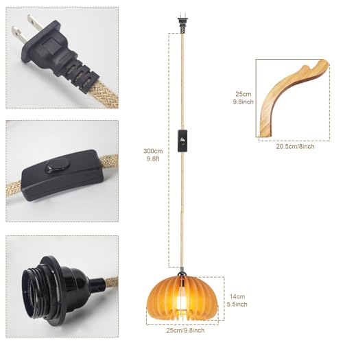 Image of Wood Lantern Plug in Wall Sconces, Wicker Brackets Wall Lamp with Plug in Cord Hand Woven Rattan Bedside Reading Light, Wooden Globe Pumpkin Shade Hemp Rope Hanging Lamp for Living Room Bedroom
