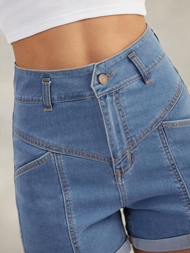 Image of Dolce Crudo Women's Relaxed Fit Mid-Rise Denim Shorts with Adjustable Waist & Frayed Hem