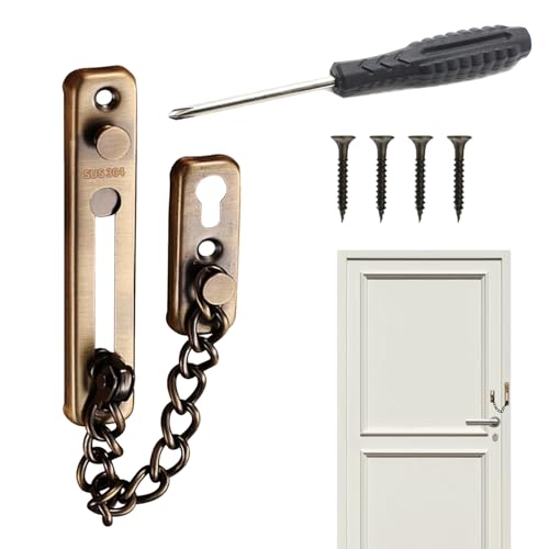 Chaîne de porte sans perçage en acier inoxydable - Chaîne de porte Abus - Chaîne de porte - Chaîne de porte d'entrée - (1 chaîne antivol, 4 vis et 1 tournevis) - 6 pièces au total - Pour maison, hôtel