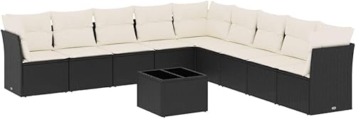 Miniatura 3 de 10-Piece Garden Sofa Set Black and Cream White, Modular Outdoor Furniture with Tempered Glass Table, Weather-Resistant PE Rattan and UV-Resistant