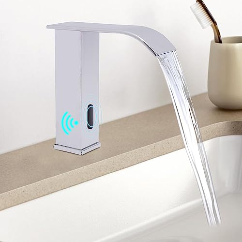 Grifo con sensor de infrarrojos automático, grifo de baño, grifo de lavabo sin contacto, grifo mezclador de lavabo, control de temperatura para lavabo, baño, lavabo de mano, plata