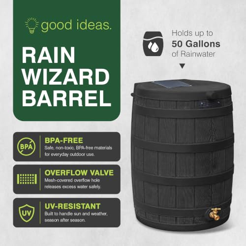 Image of Good Ideas Rain Wizard Water Collection Barrel, 50 Gallon, Black | Faux Wood Design - Plastic Outdoor Home Rain Barrel, Rainwater Storage Collector with Metal Spigot and Flat Back