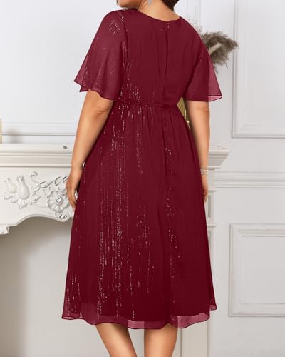 Image of Talisea Plus Size Cocktail Dress - Formal Wedding Guest Fall Long Sleeve A Line Pleated V Neck Midi Dresses for Curvy Women