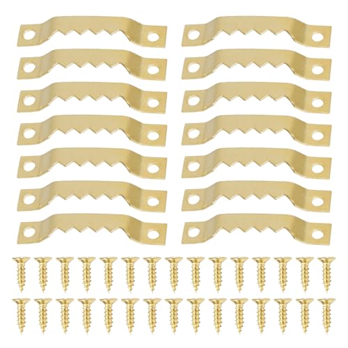 Image of 100 Pack Heavy Duty Sawtooth Picture Hangers with 200 Screws Gold Small Sawtooth Hangers for Picture Frames, Paintings, Artwork, Photos, and Home Decor Gold Sawtooth Picture Frame Hangers