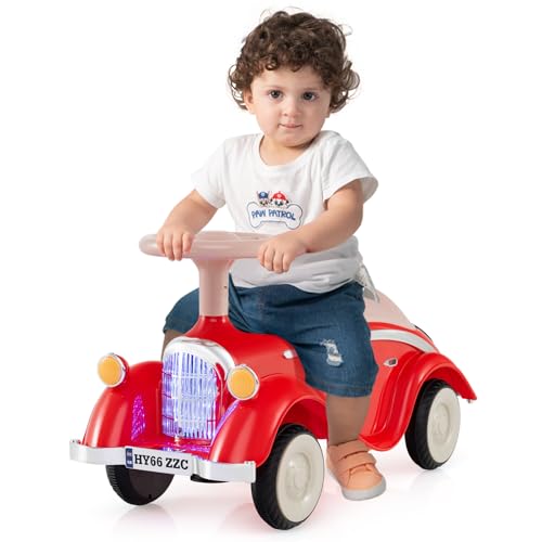 COSTWAY Correpasillos Bebé, Coche Correpasillos con Volante, Bocina, Luz LED y Almacenamiento Bajo el Asiento, Coche Retro Deslizante para Niños de 19 a 36 Meses (Rojo)