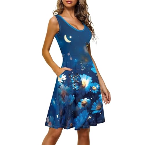 Image of TOADDITDO Women's Sleeveless O Neck Beach A-Line Party Coctail Tank Dresses Flared Sundress