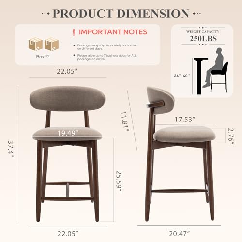 Image of COLAMY Bar Stools Set of 3, Counter Height BarStools with Back, Mid Century Modern Upholstered, with Wood Legs for Kitchen Island Dining Room, Camel
