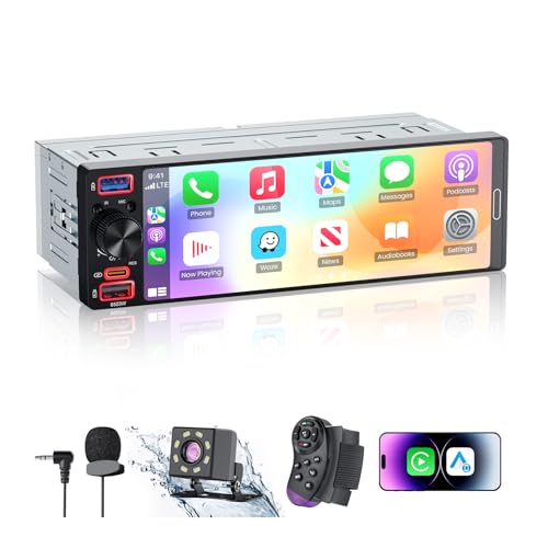 Single Din Radio Car Stereo with Apple CarPlay & Android Auto, 6.5” InCell Touchscreen Car Radio with 1080P Backup Camera, Mirror Link, Bluetooth 6.0, GPS, AM&FM, USB & Type-C Fast Charging, EQ, SWC