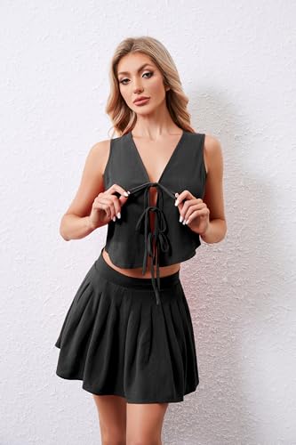 Image of Women Sexy Summer Two Piece Linen Mini Skirt Set Sleeveless Lace Up V Neck Crop Tank Top Pleated Mini Skirt