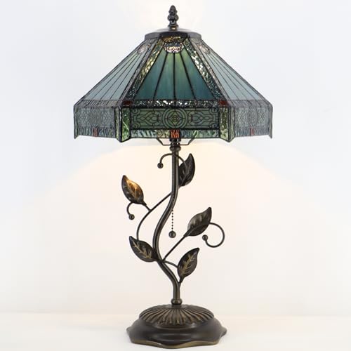 Image of Tiffany Table Lamp, Stained Glass Desk Light, W12H19 Inch, Metal Leaf Base (Mission Style)